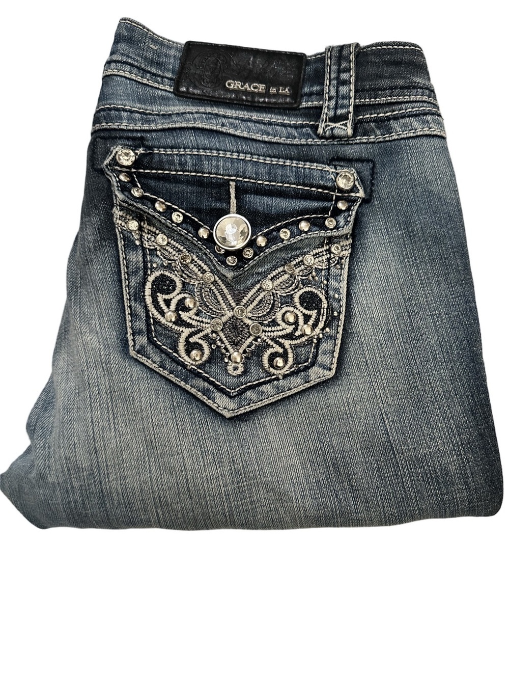 Grace in LA Women's Embellished Pockets Boot Cut Jeans Faded Blue Denim Size 28